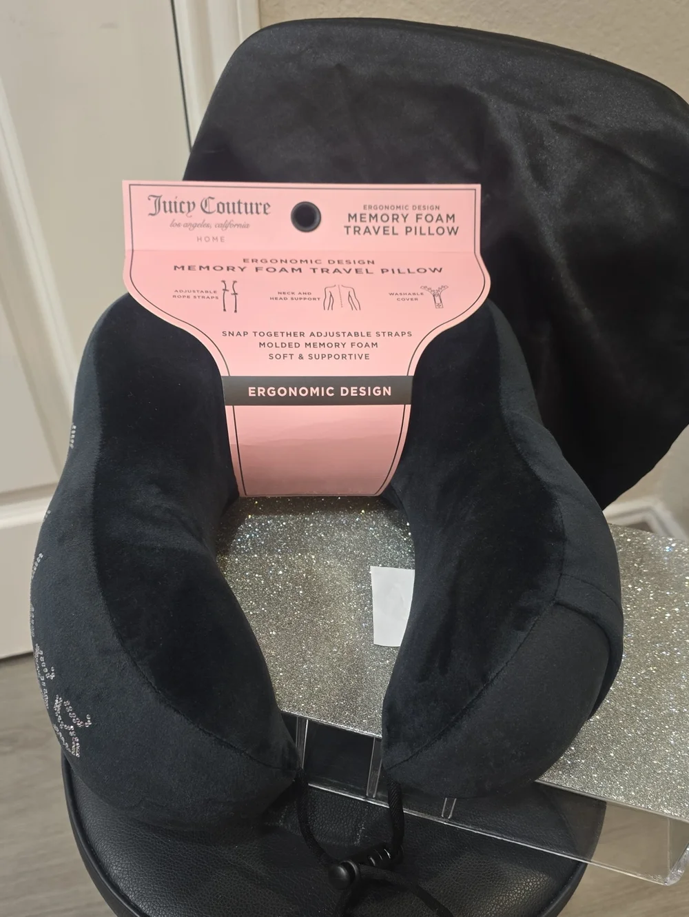 Juicy Couture Home Rhinestone Goddess Memory Foam Travel Pillow- Black